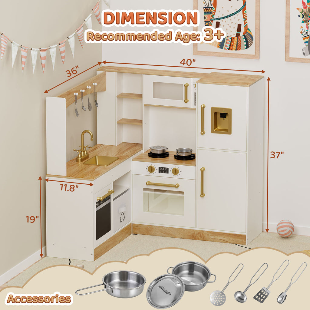 TLSUNNY Corner Play Kitchen with Lights & Sounds, Sink, Fridge, Microwave & Storage, Wooden Toddler Toy for Ages 3+