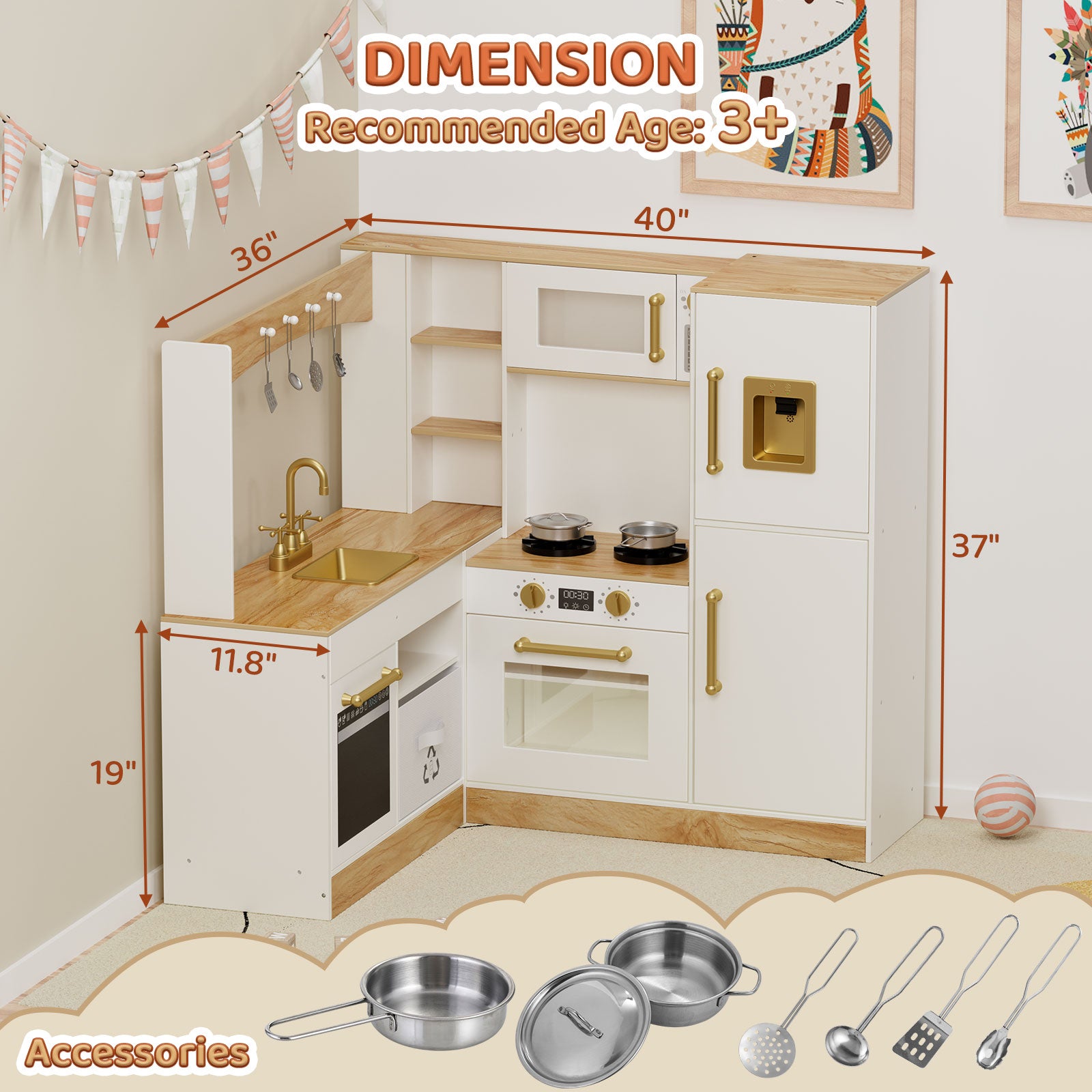 TLSUNNY Corner Play Kitchen with Lights & Sounds, Sink, Fridge, Microwave & Storage, Wooden Toddler Toy for Ages 3+