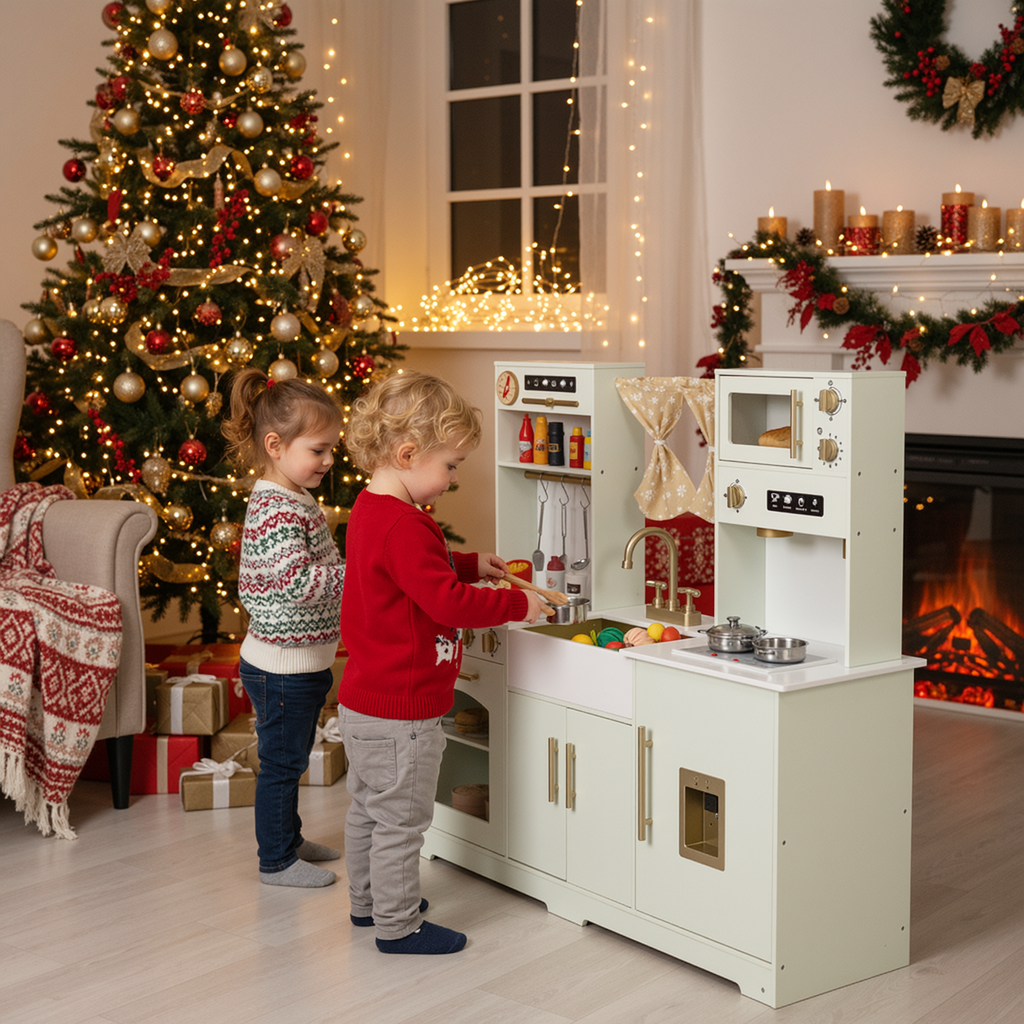 TLSUNNY Kids Play Kitchen with Realistic Lights & Sounds, Wooden Toy Pretend Play Kitchen Set w/ Sink, Faucet, Microwave, Curtain for Ages 3+