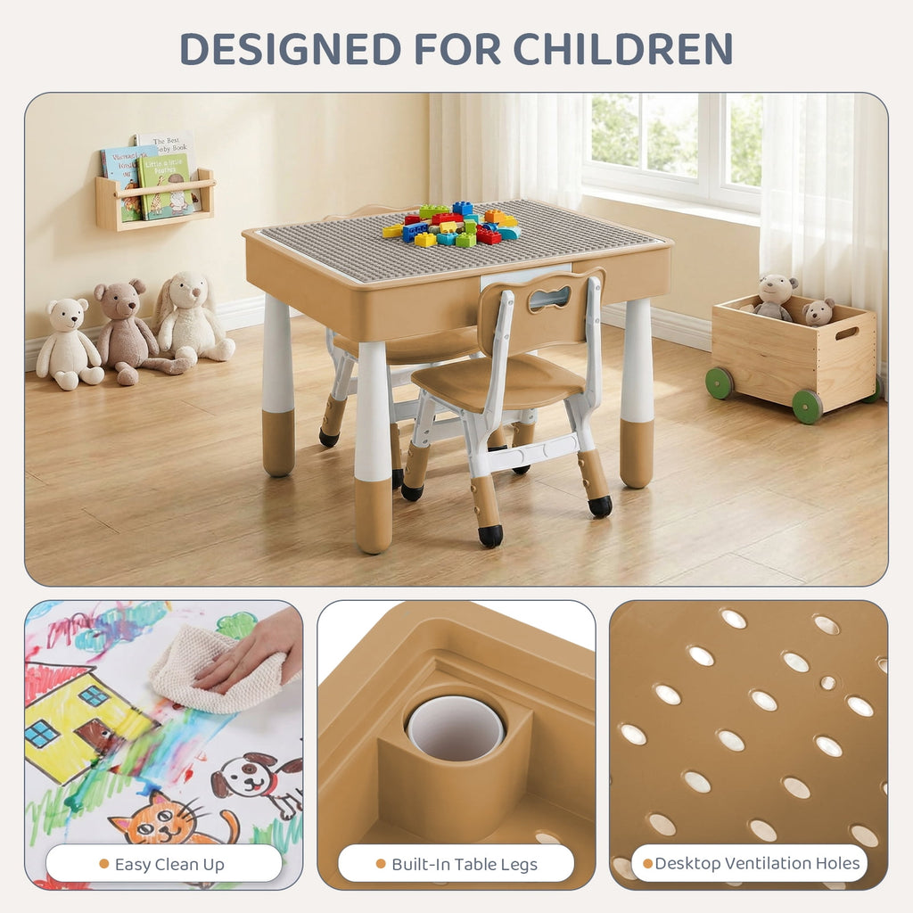 TLSUNNY Kids Table and 2 Chairs Set, W/ Double-Sided Graffiti/Building Blocks Activity Tabletop and 2 Drawers for Drawing/Playing/Reading, for Toddlers