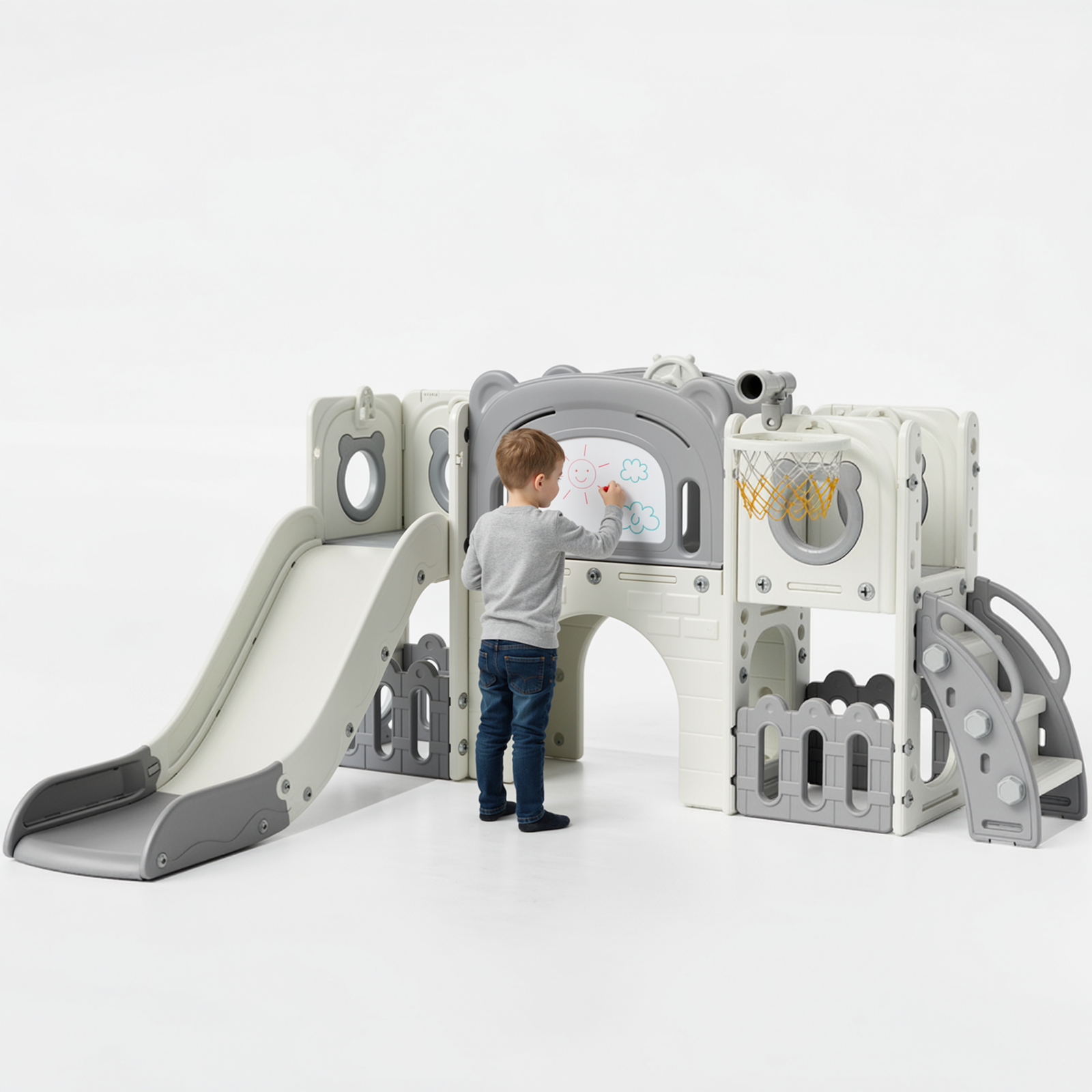 TLSUNNY 10-in-1 Kids Slide & Climber Set, with Basketball Hoop, Telescope, Drawing Board, Tunnel, Indoor Outdoor Toddler Playset