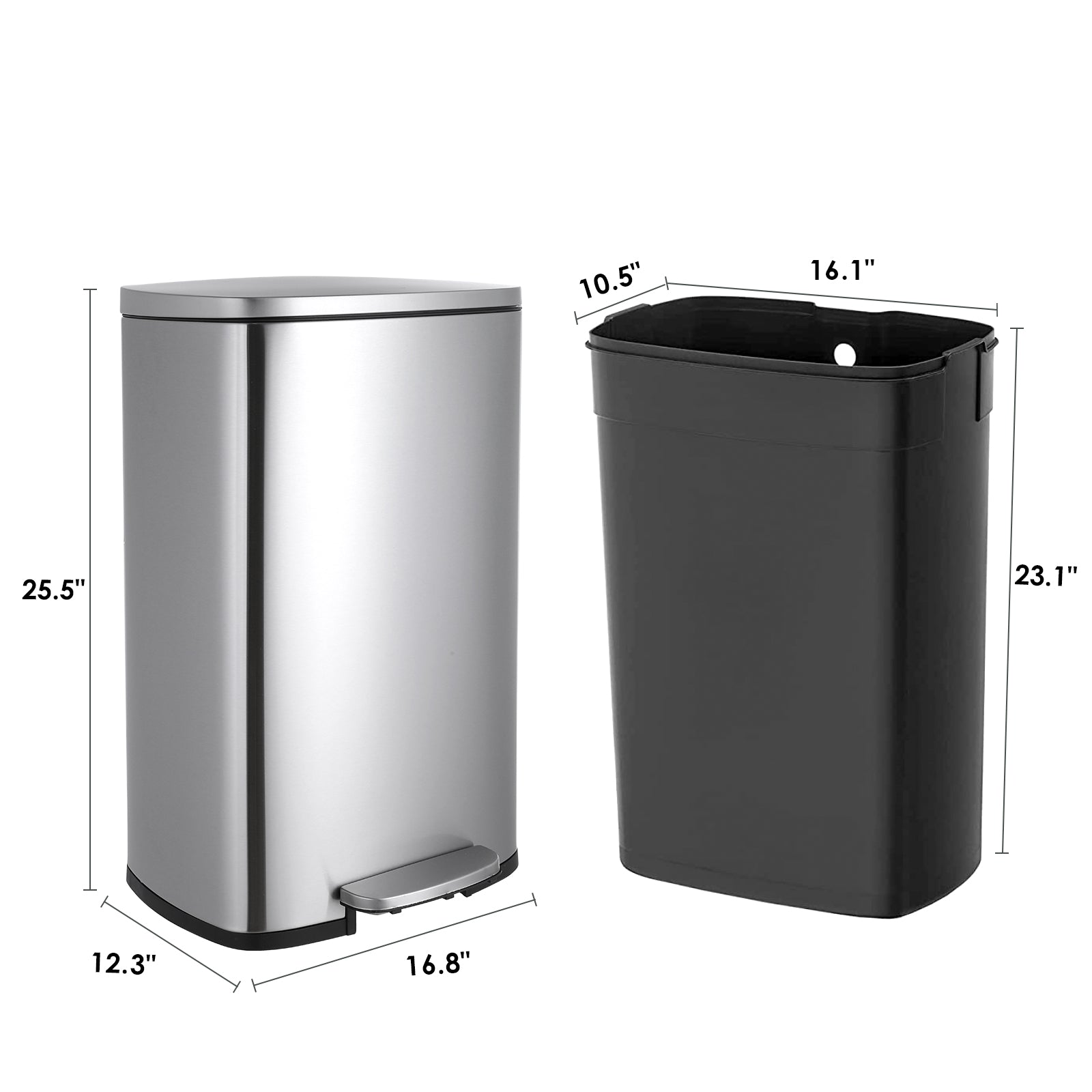 TLSUNNY 8/13.2 Gallon Step Trash Can, Stainless Steel Garbage Bin, Soft-Close Rubbish Bin with Removable Plastic Inner Bucket, Fingerprint-Proof, Lid Dustbin, Suit for Kitchen Home