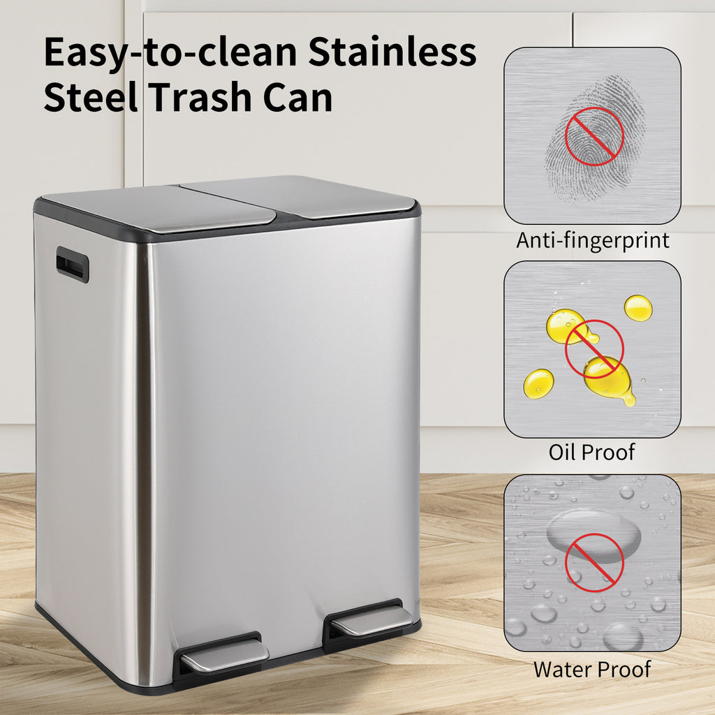 TLSUNNY 16 Gal / 60 L Dual Trash Can, Double Lid Step Bin w/ 2 Odor Control Box & Inner Buckets, for Living Room, Bathroom, Kitchen