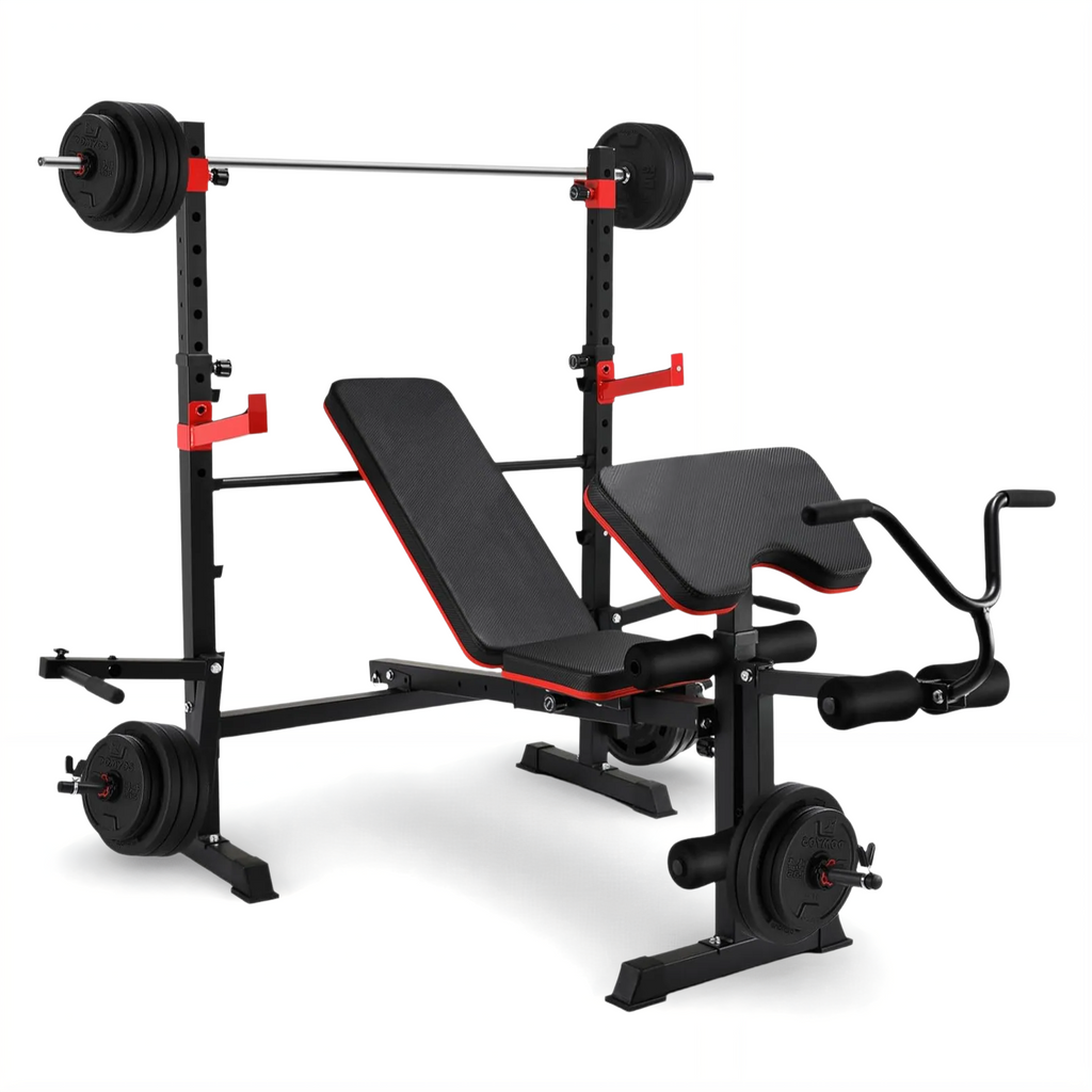 TLSUNNY 900LBS Adjustable Weight Bench Set, w/ Barbell Rack, Leg Extension & Preacher Curl, Strength Training Equipment, for Home Gym Workouts