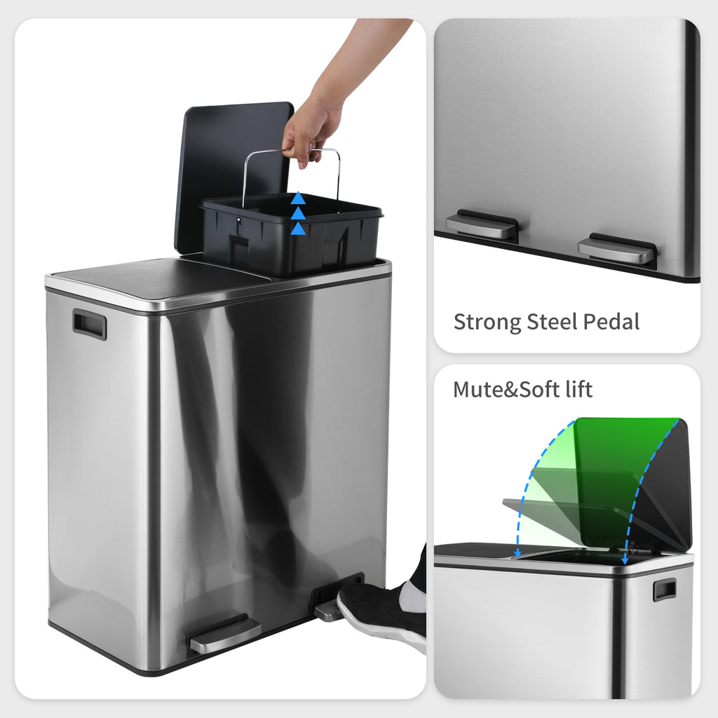 TLSUNNY 16 Gal Double Trash Can Kitchen, Dual Compartment Recycling Bin with Removable Buckets, for Home, Office