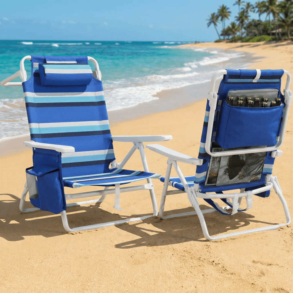 TLSUNNY Backpack Beach Chair Set of 1/2, Outdoor 5-Level Adjustable Folding Chair, w/ Cup Holder, Headrest, Storage Bag, Cooler Pouch, for Camping