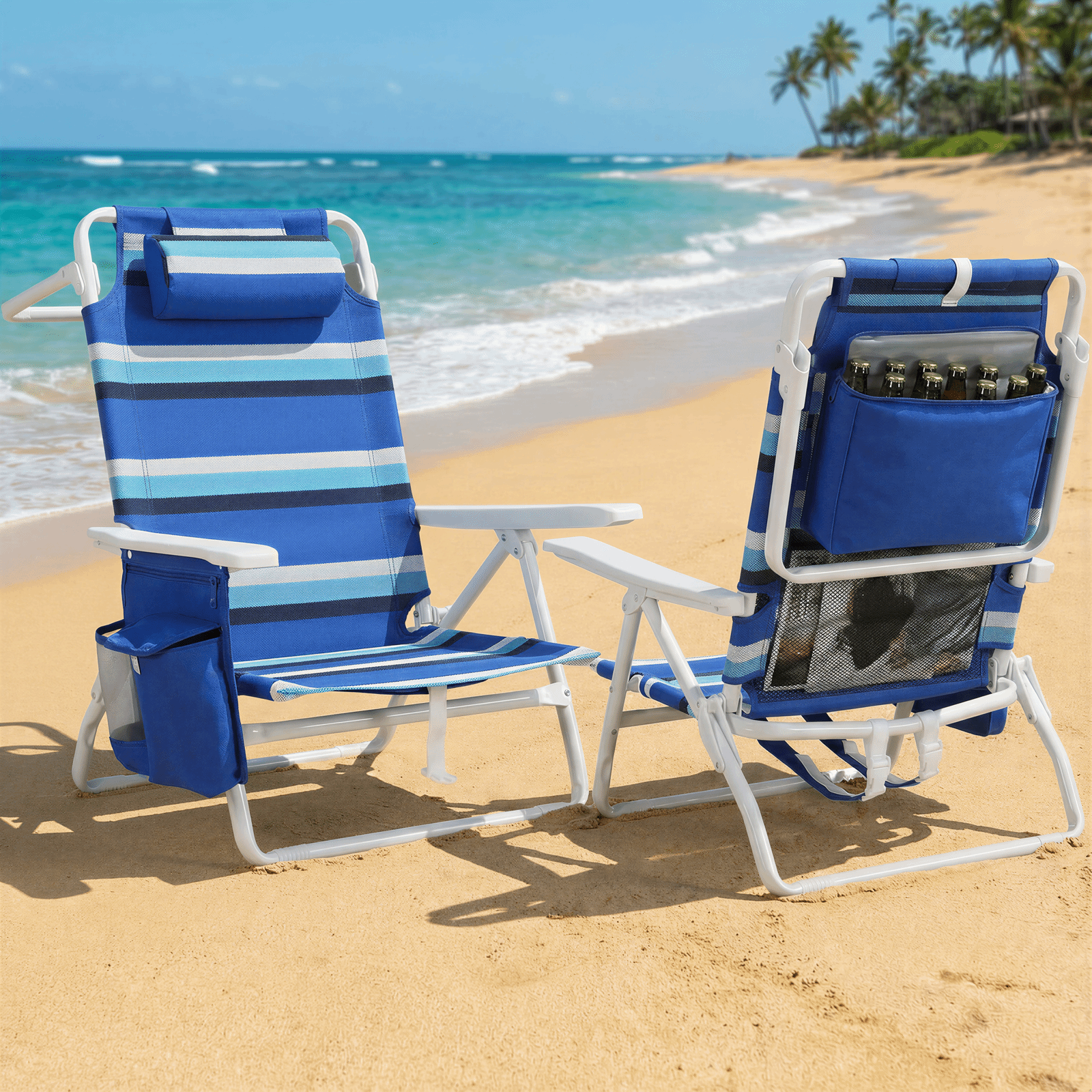 TLSUNNY Backpack Beach Chair Set of 1/2, Outdoor 5-Level Adjustable Folding Chair, w/ Cup Holder, Headrest, Storage Bag, Cooler Pouch, for Camping
