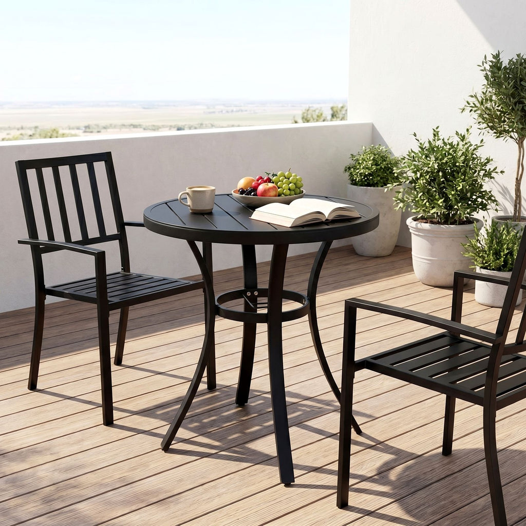 TLSUNNY Outdoor Patio Round Dining Table, with 1.57"-1.8" Adjustable Umbrella Hole & Foot Pads, Metal Frame & E-Coating, for Balcony, Poolside, Deck