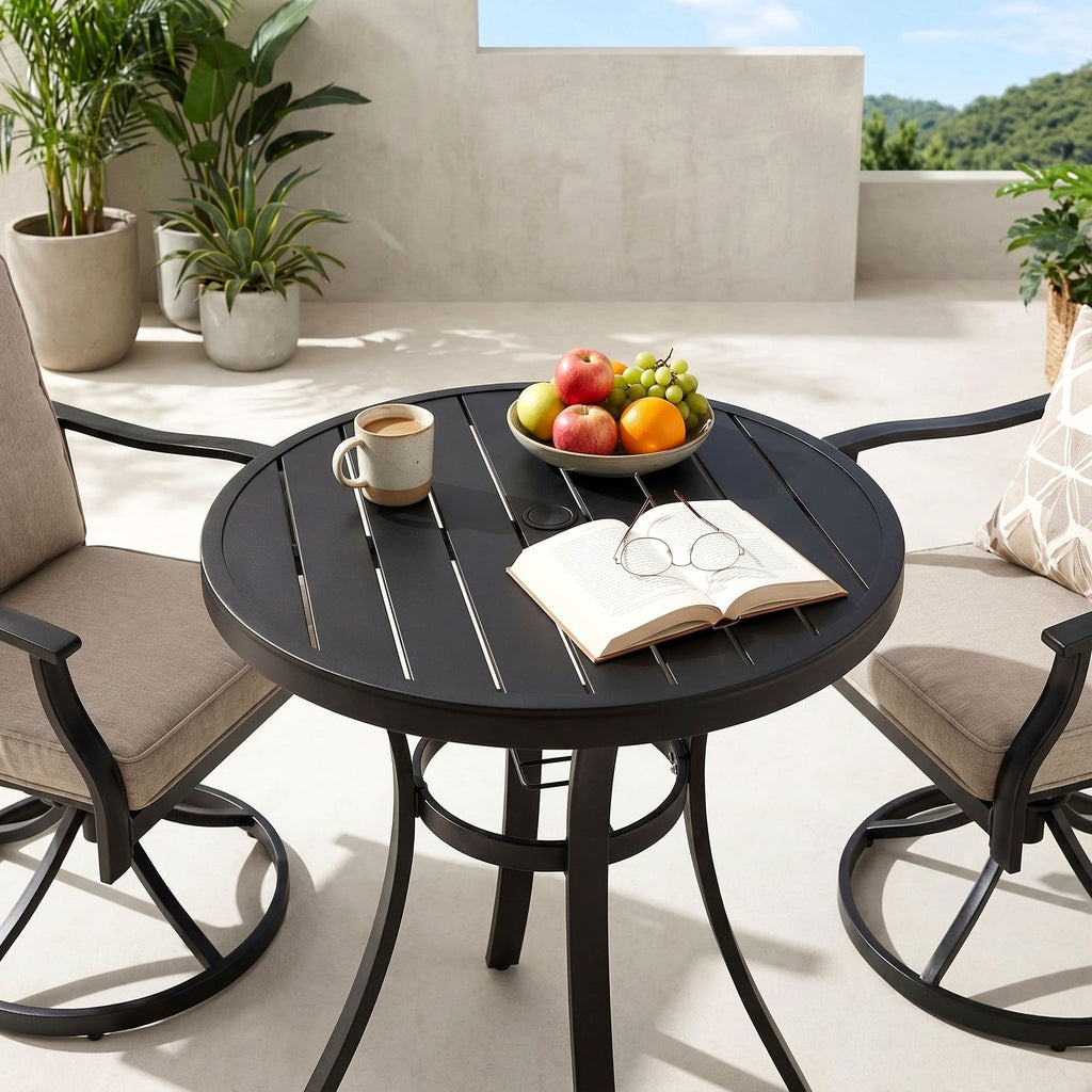 TLSUNNY Outdoor Patio Round Dining Table, with 1.57"-1.8" Adjustable Umbrella Hole & Foot Pads, Metal Frame & E-Coating, for Balcony, Poolside, Deck