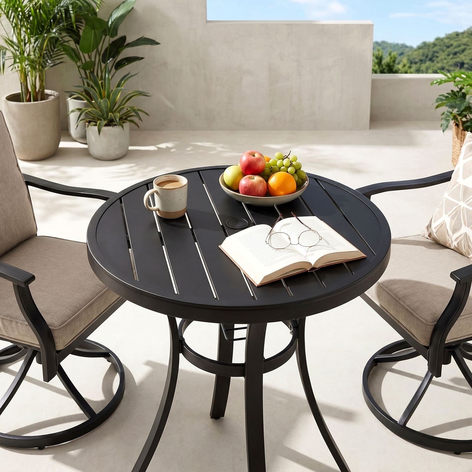 TLSUNNY Outdoor Patio Round Dining Table, with 1.57"-1.8" Adjustable Umbrella Hole & Foot Pads, Metal Frame & E-Coating, for Balcony, Poolside, Deck