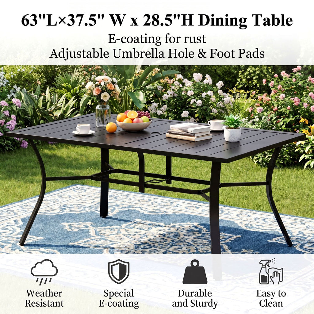 TLSUNNY Outdoor Dining Set, Patio Metal Table and 6 Chairs Set, W/ Umbrella Hole, Stackable Chairs, Outdoor Furniture for Backyard, Porch, Garden