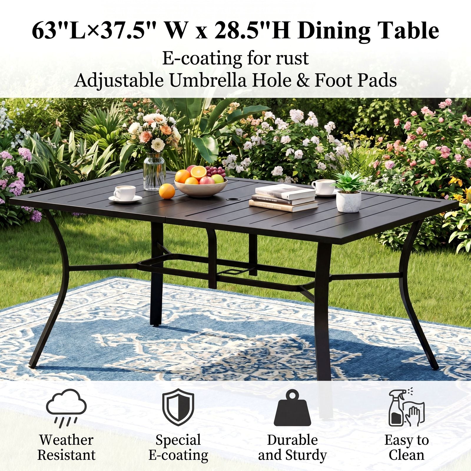TLSUNNY Outdoor Dining Set, Patio Metal Table and 6 Chairs Set, W/ Umbrella Hole, Stackable Chairs, Outdoor Furniture for Backyard, Porch, Garden