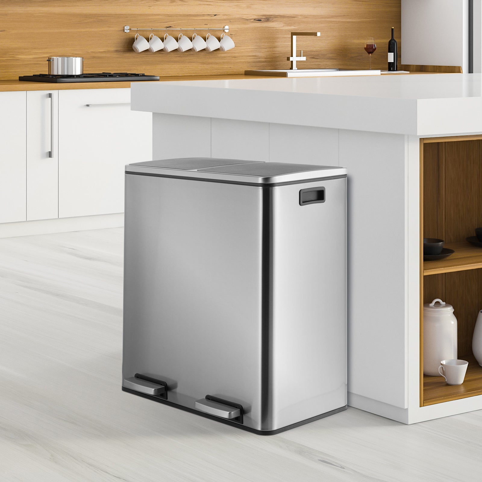 TLSUNNY 16 Gal Double Trash Can Kitchen, Dual Compartment Recycling Bin with Removable Buckets, for Home, Office