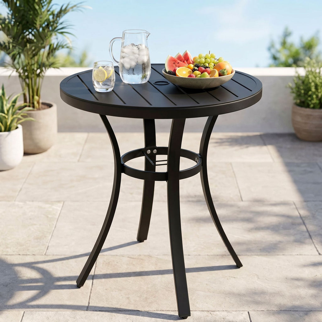 TLSUNNY Outdoor Patio Round Dining Table, with 1.57"-1.8" Adjustable Umbrella Hole & Foot Pads, Metal Frame & E-Coating, for Balcony, Poolside, Deck