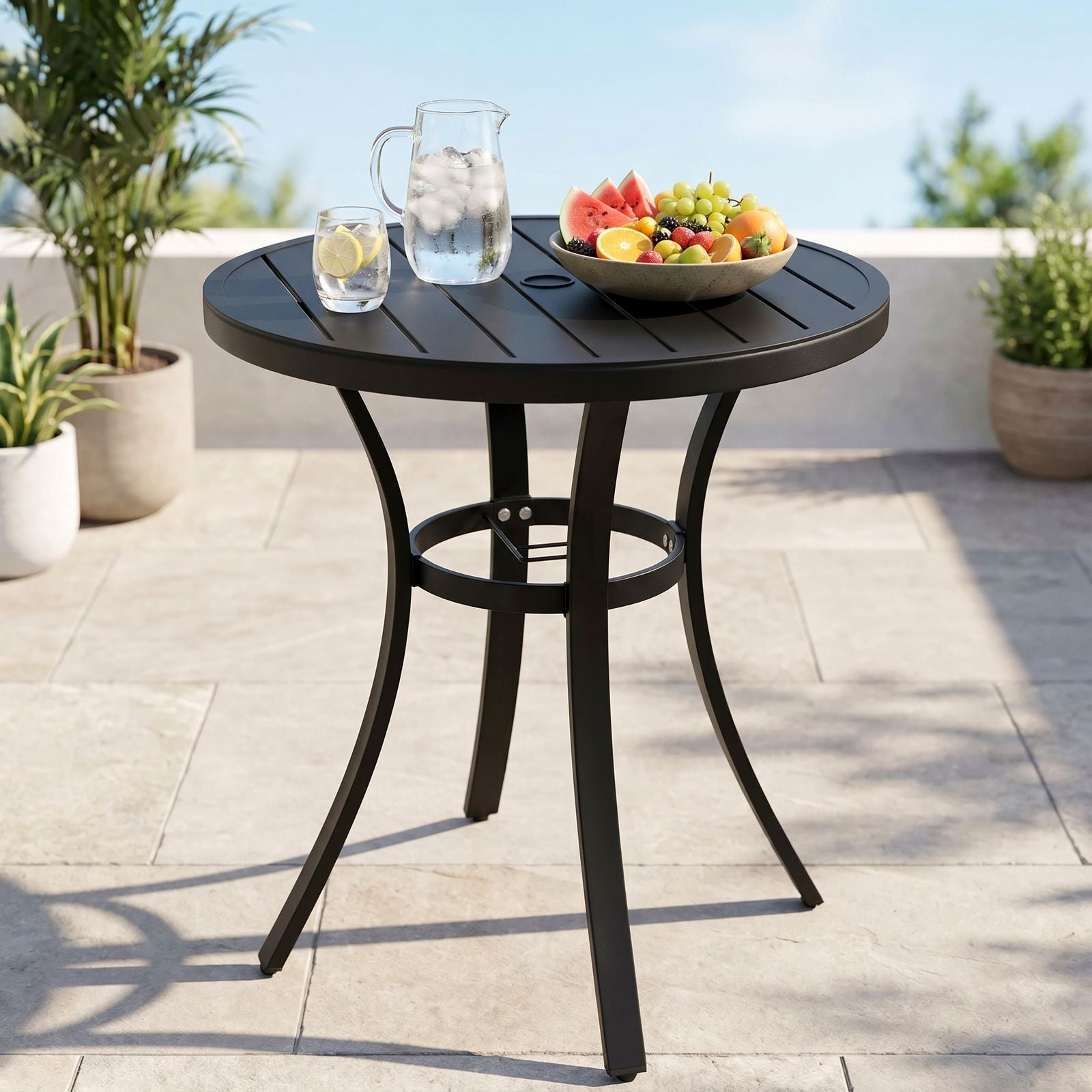 TLSUNNY Outdoor Patio Round Dining Table, with 1.57"-1.8" Adjustable Umbrella Hole & Foot Pads, Metal Frame & E-Coating, for Balcony, Poolside, Deck