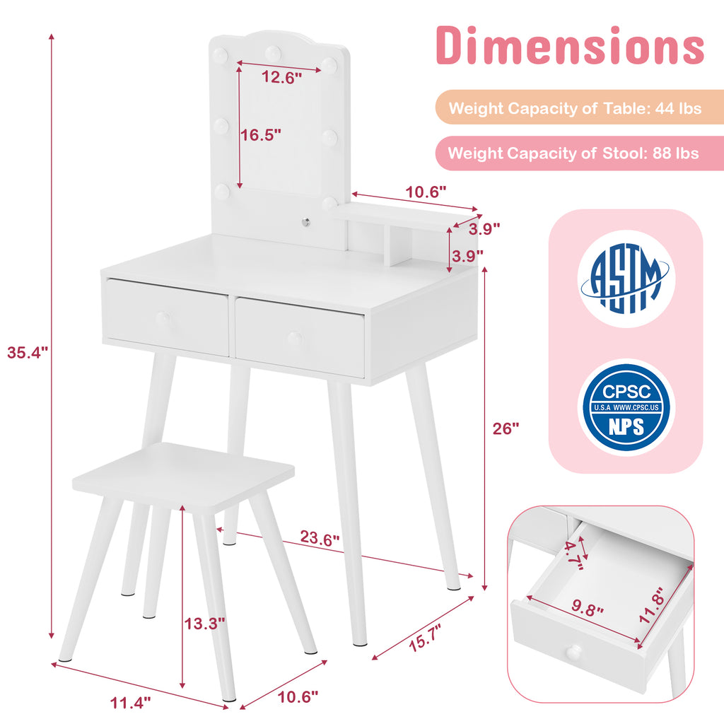 TLSUNNY Toddler Princess Vanity Set with Lights, Wooden Makeup Table and Chair with Mirror and 2 Storage Drawers, Gift for Little Girls