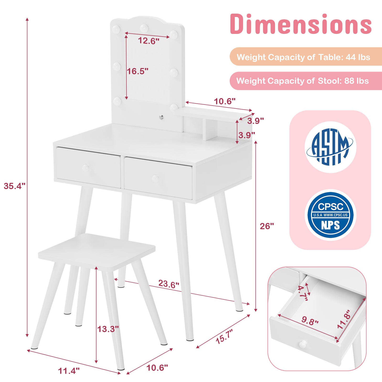 TLSUNNY Toddler Princess Vanity Set with Lights, Wooden Makeup Table and Chair with Mirror and 2 Storage Drawers, Gift for Little Girls