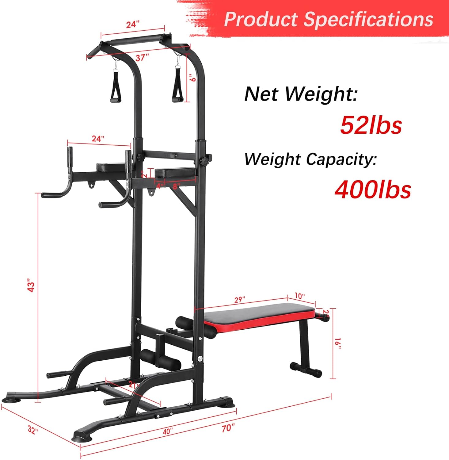 TLSUNNY Power Tower with Bench, Pull Up Bar Stand, w/ Dual Resistance Bands, Adjustable Pull Up Dip Station for Home Gym Workouts, 400lbs