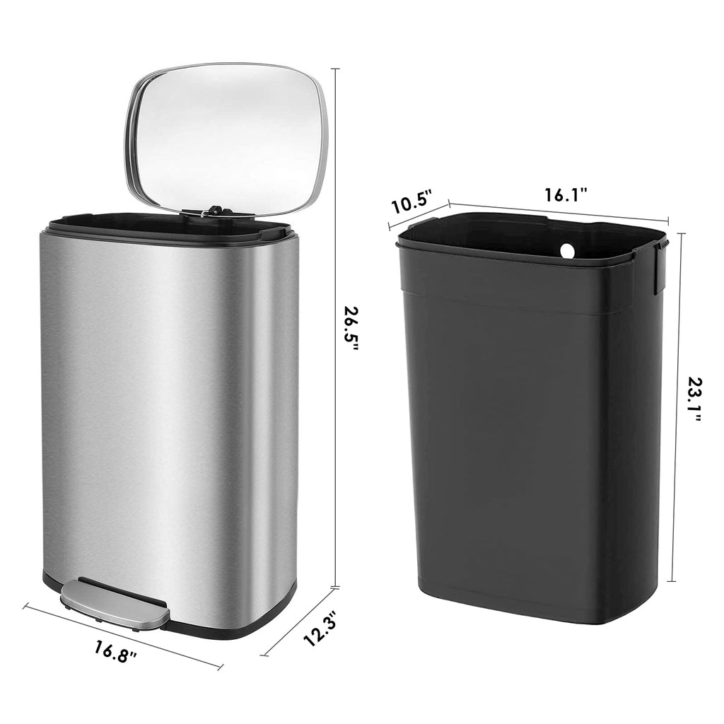 TLSUNNY 8/13.2 Gallon Step Trash Can, Stainless Steel Garbage Bin, Soft-Close Rubbish Bin with Removable Plastic Inner Bucket, Fingerprint-Proof, Lid Dustbin, Suit for Kitchen Home