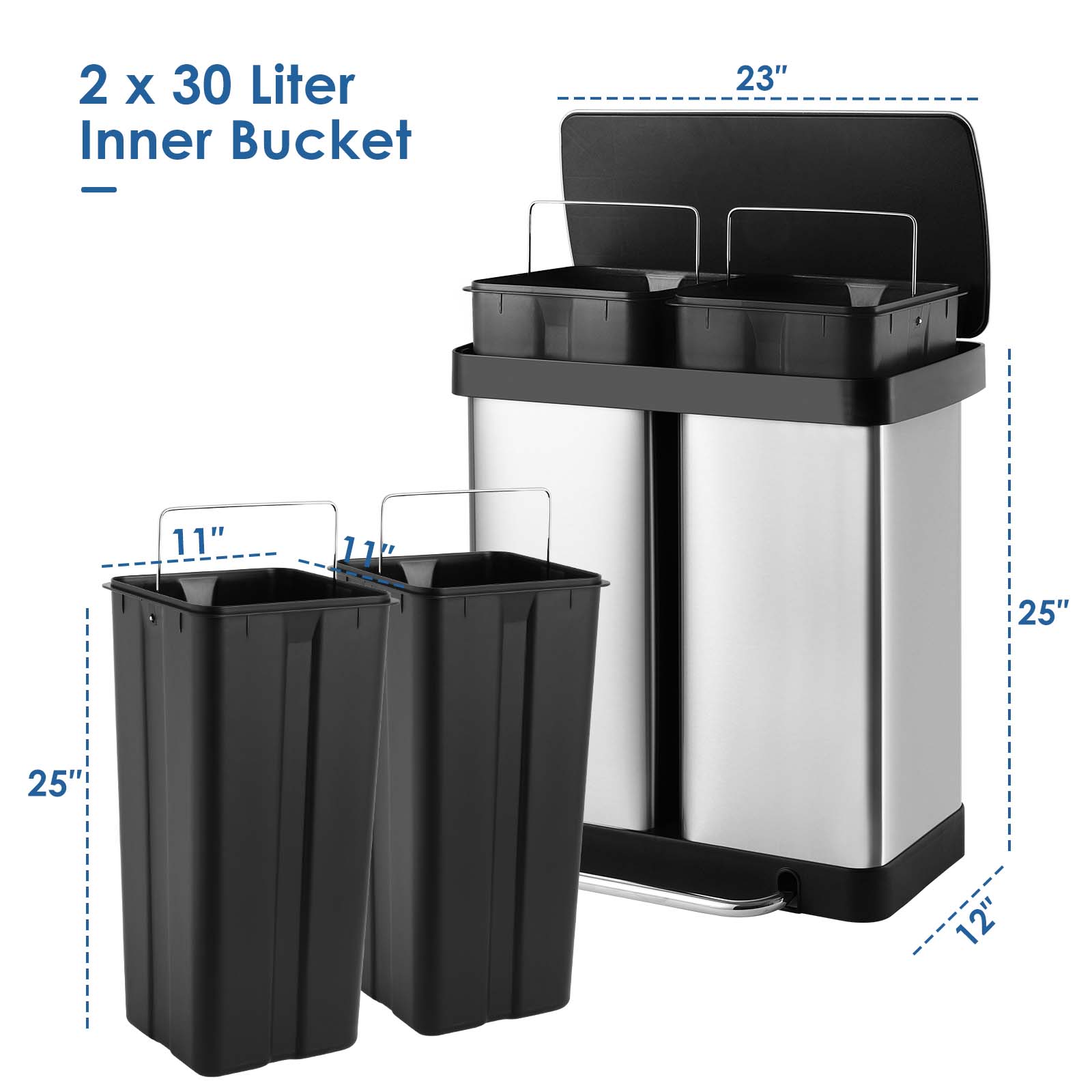TLSUNNY 16 Gallon Dual Compartments Step Trash Can, Stainless Steel Kitchen Garbage Can Classified Recycling Bin, for Home, Office