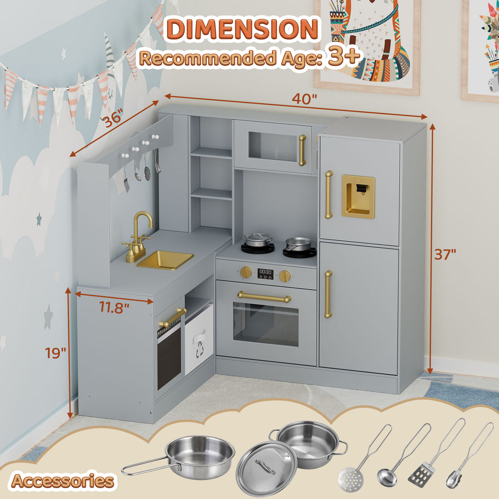 TLSUNNY Corner Play Kitchen with Lights & Sounds, Sink, Fridge, Microwave & Storage, Wooden Toddler Toy for Ages 3+