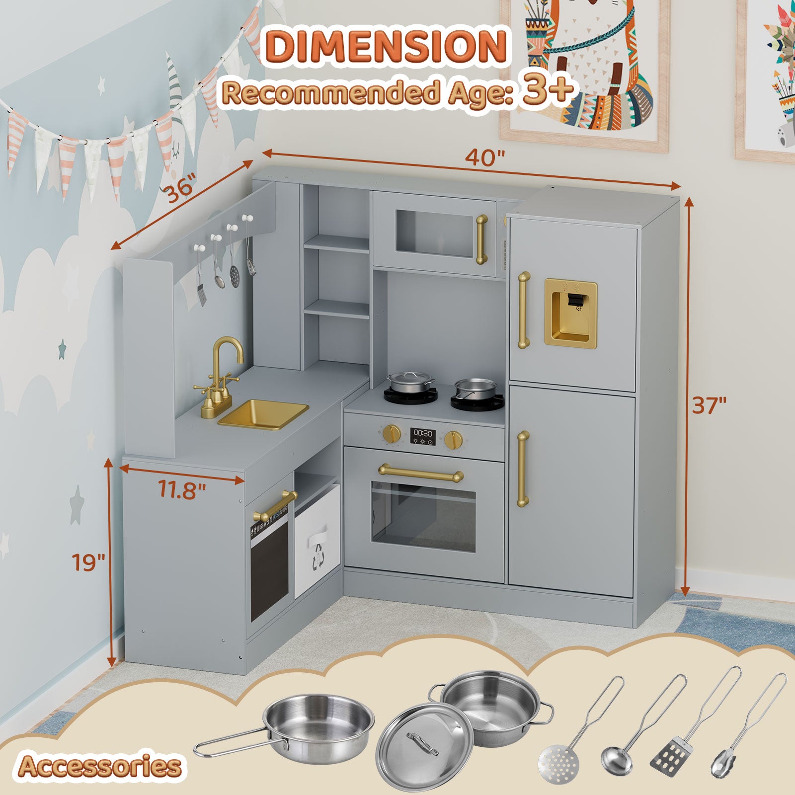 TLSUNNY Corner Play Kitchen with Lights & Sounds, Sink, Fridge, Microwave & Storage, Wooden Toddler Toy for Ages 3+