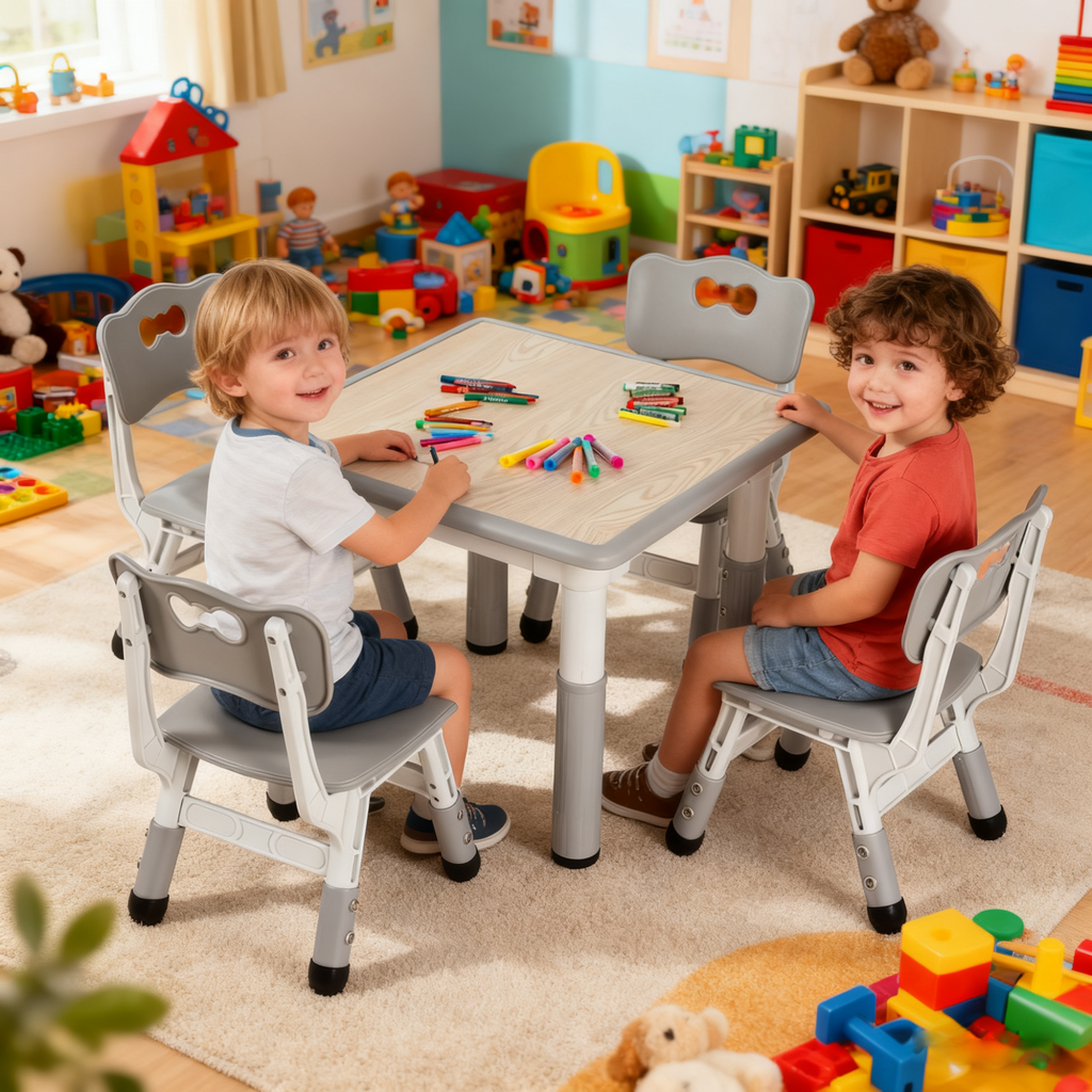 TLSUNNY Kids Table & 4 Chairs Set, Height Adjustable Children Activity Table Set for Ages 2-10, Gray