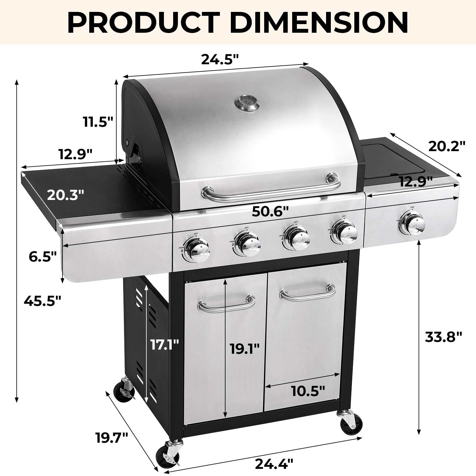 TLSUNNY 40000 BTU 4-Burner Propane Gas Grill, with 12,000 BTU Side Burner, Stainless Steel BBQ for Outdoor Patio & Backyard Cooking