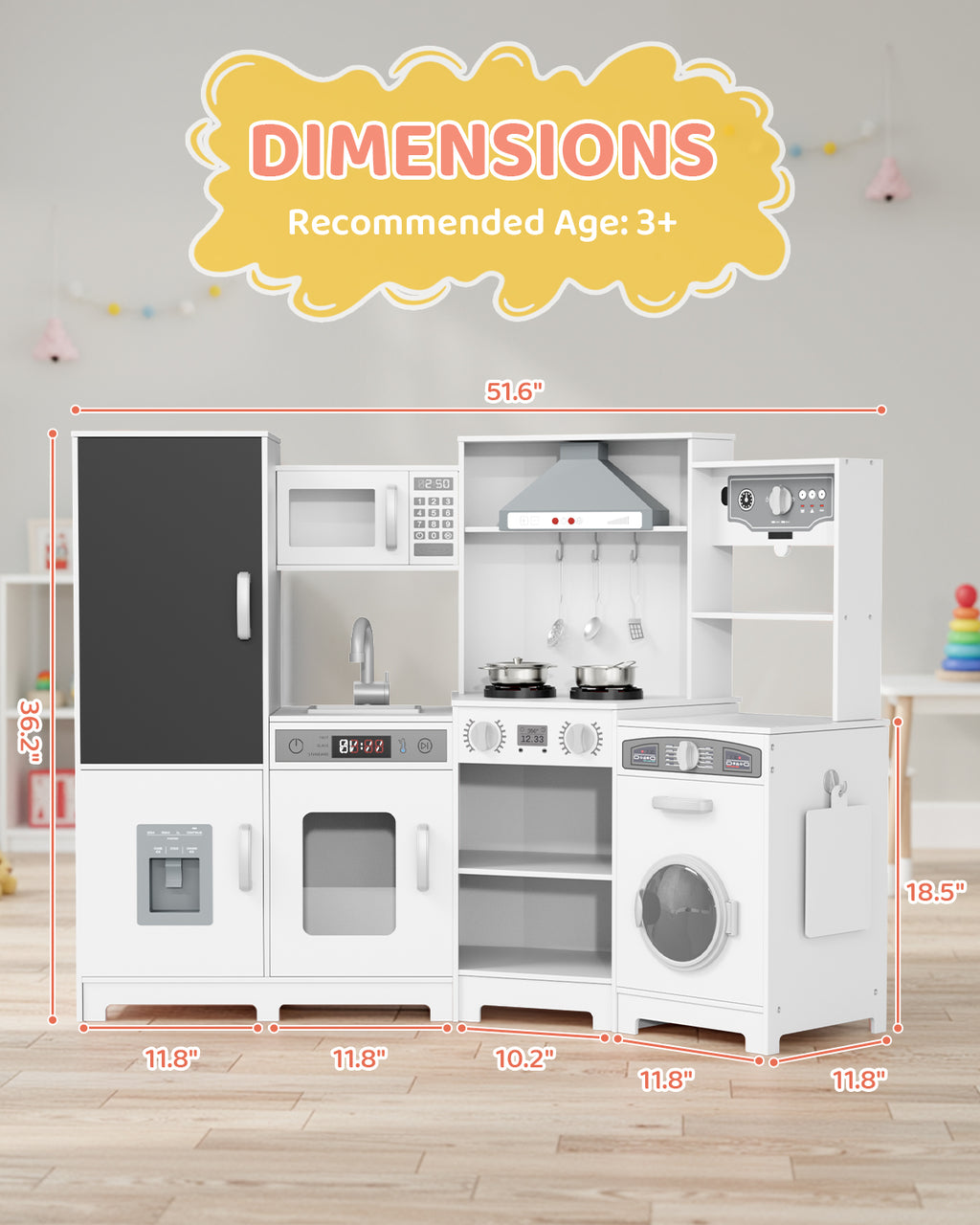 TLSUNNY Toddler Wooden Play Kitchen, with Chalk Board, Washer Dryer, Stove Sound & Range Hood, Cookware for Kids Ages 3+