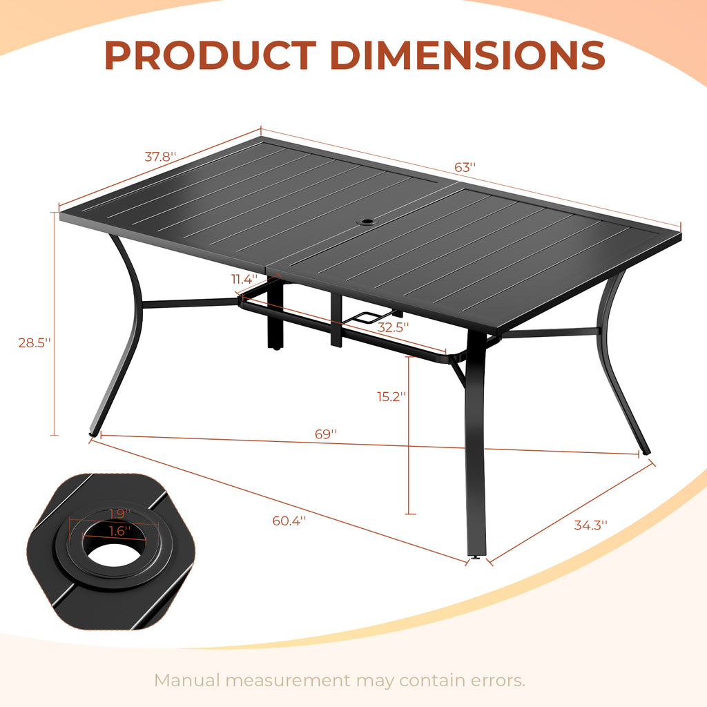 TLSUNNY Patio Dining Table, w/ Adjustable Umbrella Hole & Foot Pads, Metal Outdoor Table w/ Non-Rust E-coating, All Weather for Backyard Lawn Balcony Poolside