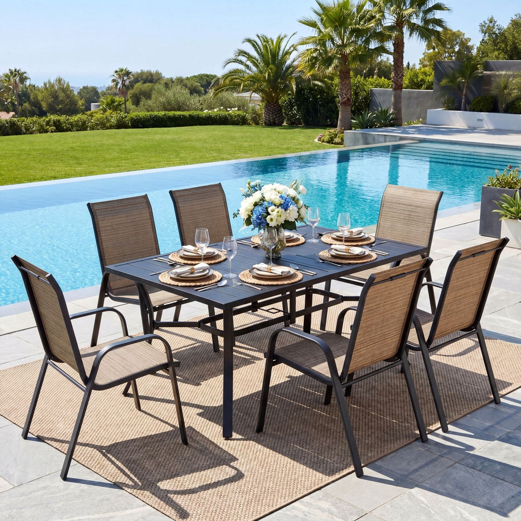 TLSUNNY Outdoor Dining Set, Patio Metal Table and 6 Chairs Set, W/ Umbrella Hole, Stackable Chairs, Outdoor Furniture for Backyard, Porch, Garden