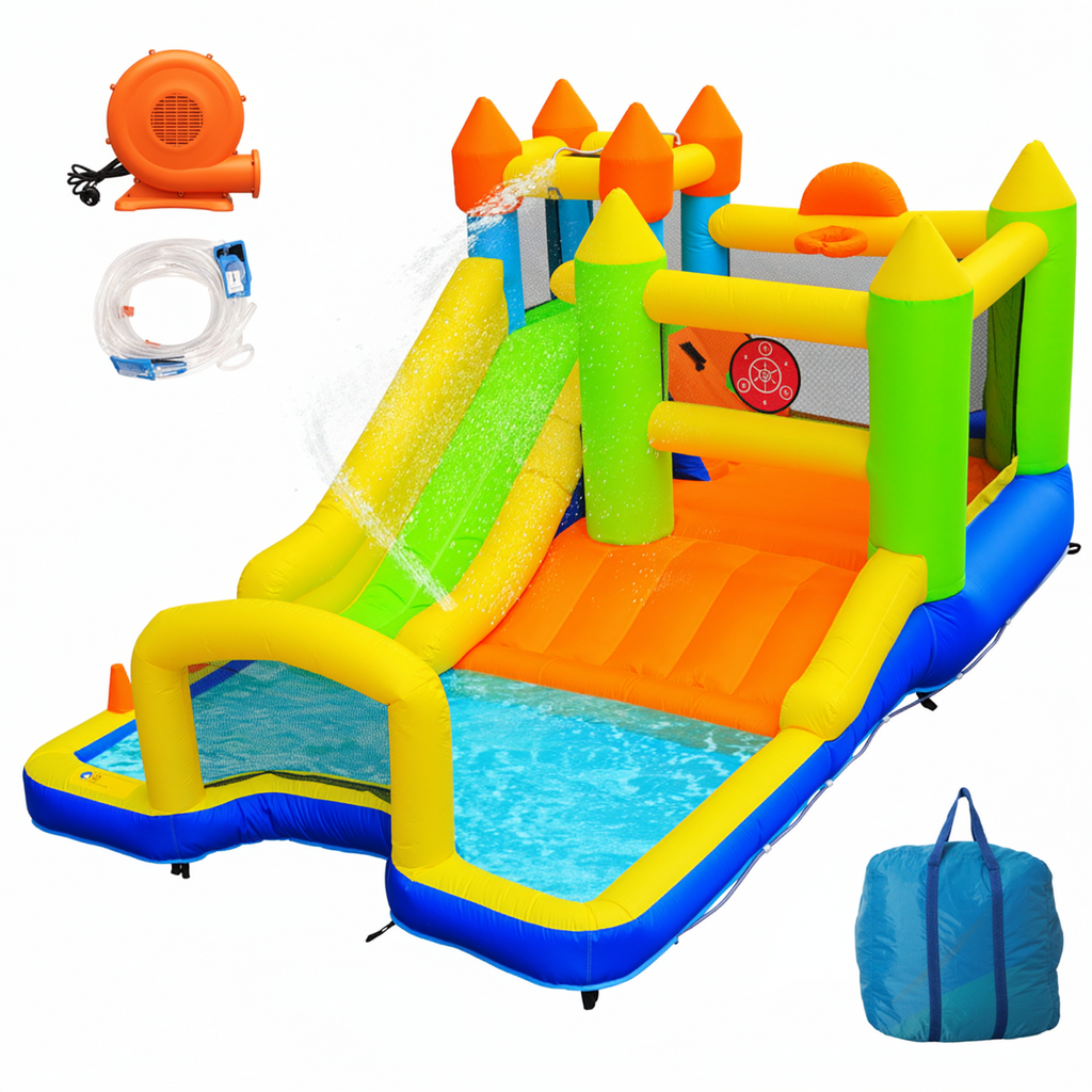 TLSUNNY Bounce House with Slide, 9 in 1 Inflatable Water Slides for Kids Backyard, w/Climbing Wall, Splash Pool, Soccer Goal, Water Cannon, Bouncy Castle w/Air Blower
