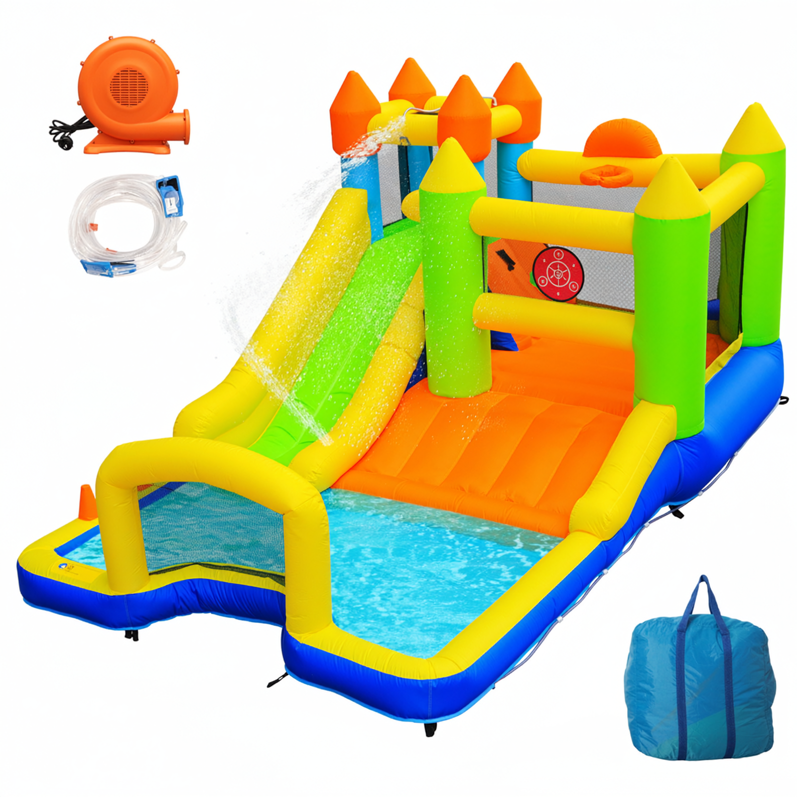 TLSUNNY Bounce House with Slide, 9 in 1 Inflatable Water Slides for Kids Backyard, w/Climbing Wall, Splash Pool, Soccer Goal, Water Cannon, Bouncy Castle w/Air Blower