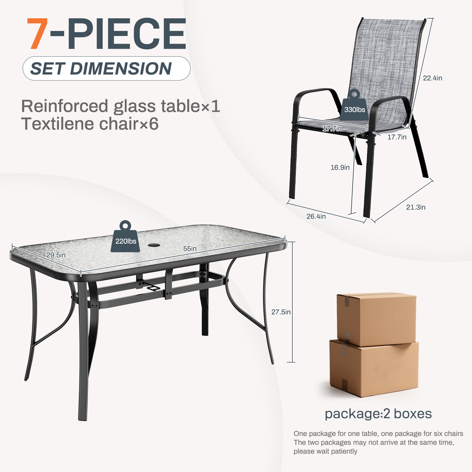 TLSUNNY Patio Table and 6 Chairs Set, Outdoor Furniture Set of 7, Widened Table w/ Umbrella Hole, Stackable Textilene Chairs, for Backyard, Porch, Garden