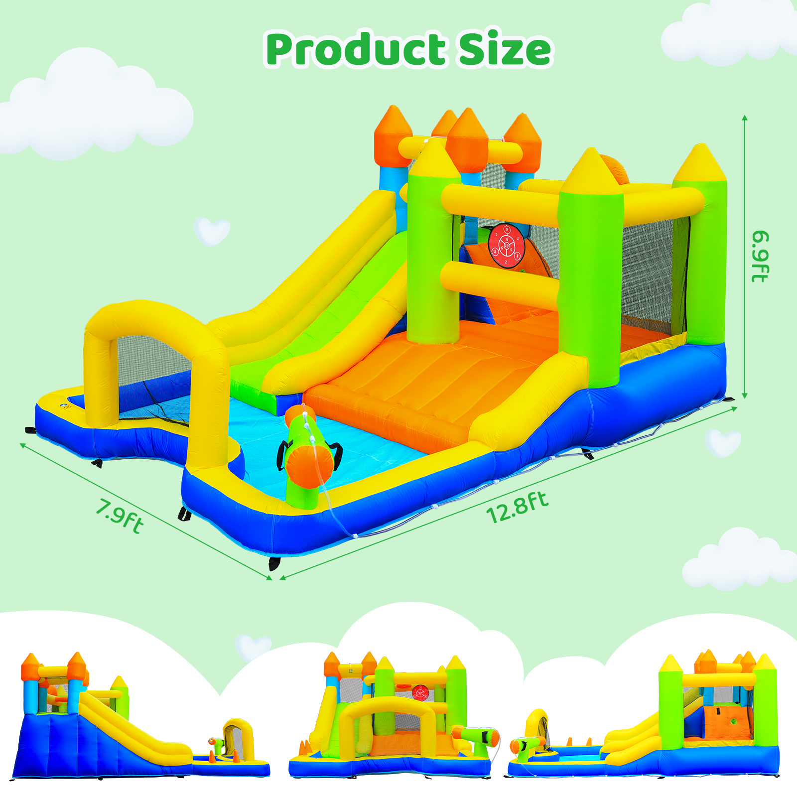TLSUNNY Bounce House with Slide, 9 in 1 Inflatable Water Slides for Kids Backyard, w/Climbing Wall, Splash Pool, Soccer Goal, Water Cannon, Bouncy Castle w/Air Blower