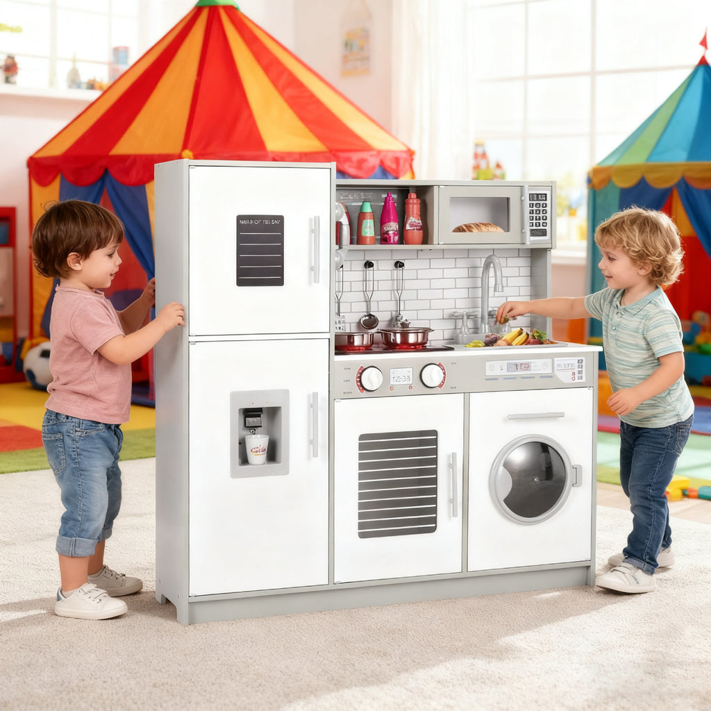 TLSUNNY Kids Play Kitchen, w/ Realistic Lights & Sounds, Washing Machine, Water Dispenser & Stove, Wooden Kitchen Playset for Toddlers Ages 3+