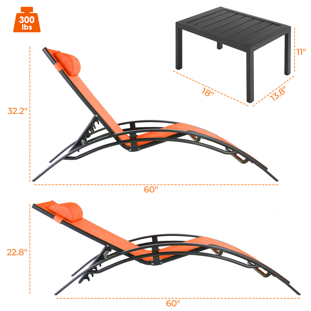 TLSUNNY Outdoor Lounge Set of 3, Aluminum Frame 2 Recliner Chairs & 1 Side Table with Adjustable Backrest and Removable Headrest, for Backyard, Pool, Patio Tanning