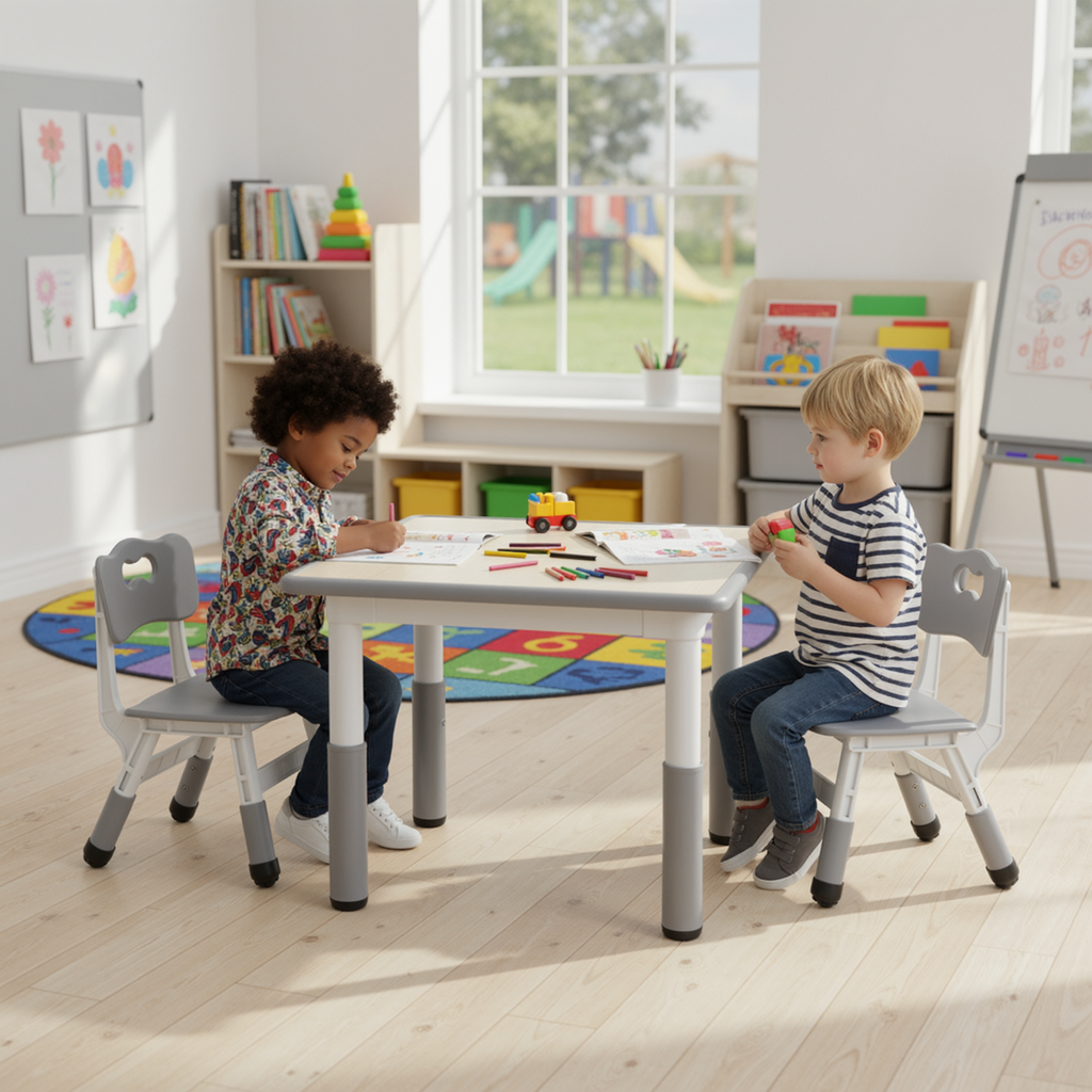 TLSUNNY Kids Table and 2 Chairs Set, Height Adjustable, Toddler Activity Table with Graffiti Desktop, for Daycare, Classroom & Home
