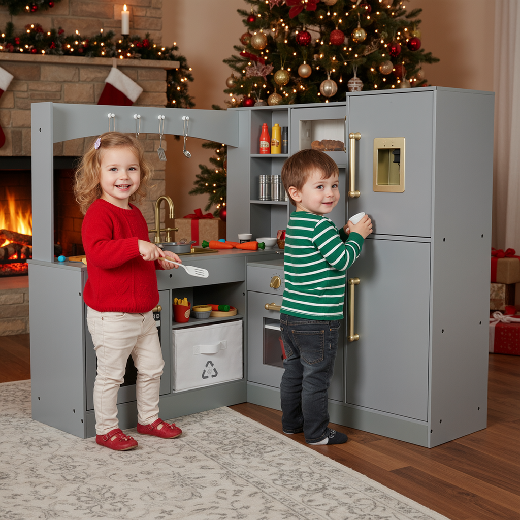 TLSUNNY Corner Play Kitchen with Lights & Sounds, Sink, Fridge, Microwave & Storage, Wooden Toddler Toy for Ages 3+