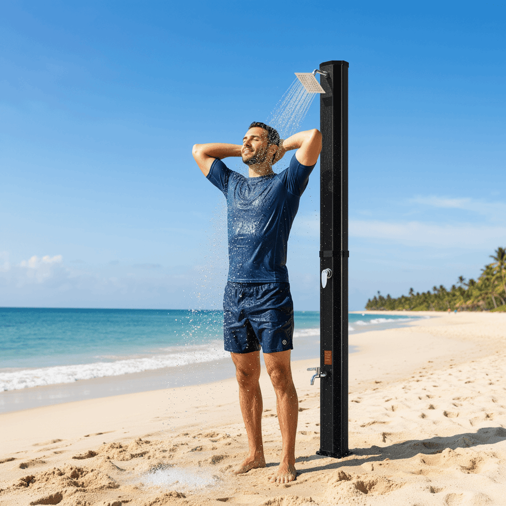 TLSUNNY 7.1FT 9.3 Gallon Solar Heated Shower with Shower Head, Handhold & Foot Tap for Poolside Backyard Beach Spa