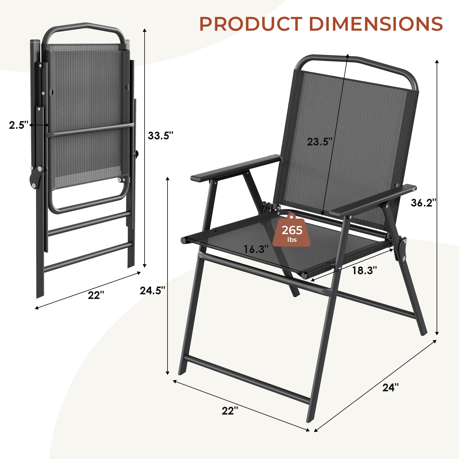 TLSUNNY Folding Patio Chair Set, Portable Dining Chairs with Armrest, Outdoor Foldable Chairs, Brown