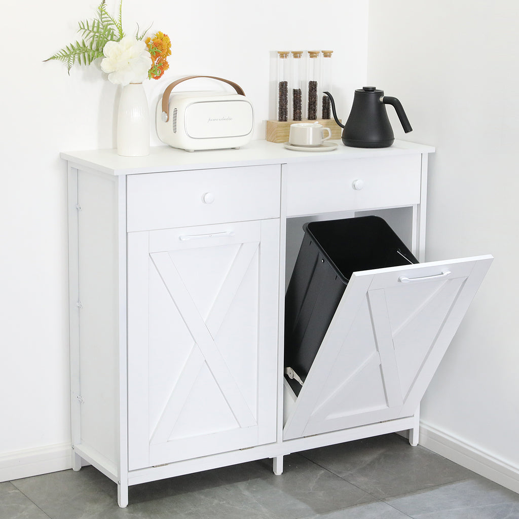 TLSUNNY Dual Tilt-Out Trash Cabinet, Freestanding Recycling Station with Drawer for Living Room/Kitchen