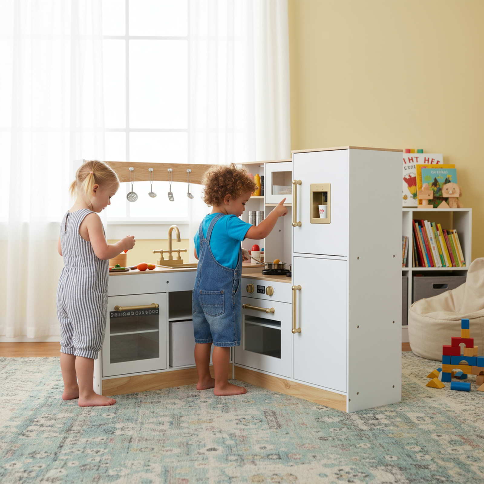 TLSUNNY Corner Play Kitchen with Lights & Sounds, Sink, Fridge, Microwave & Storage, Wooden Toddler Toy for Ages 3+