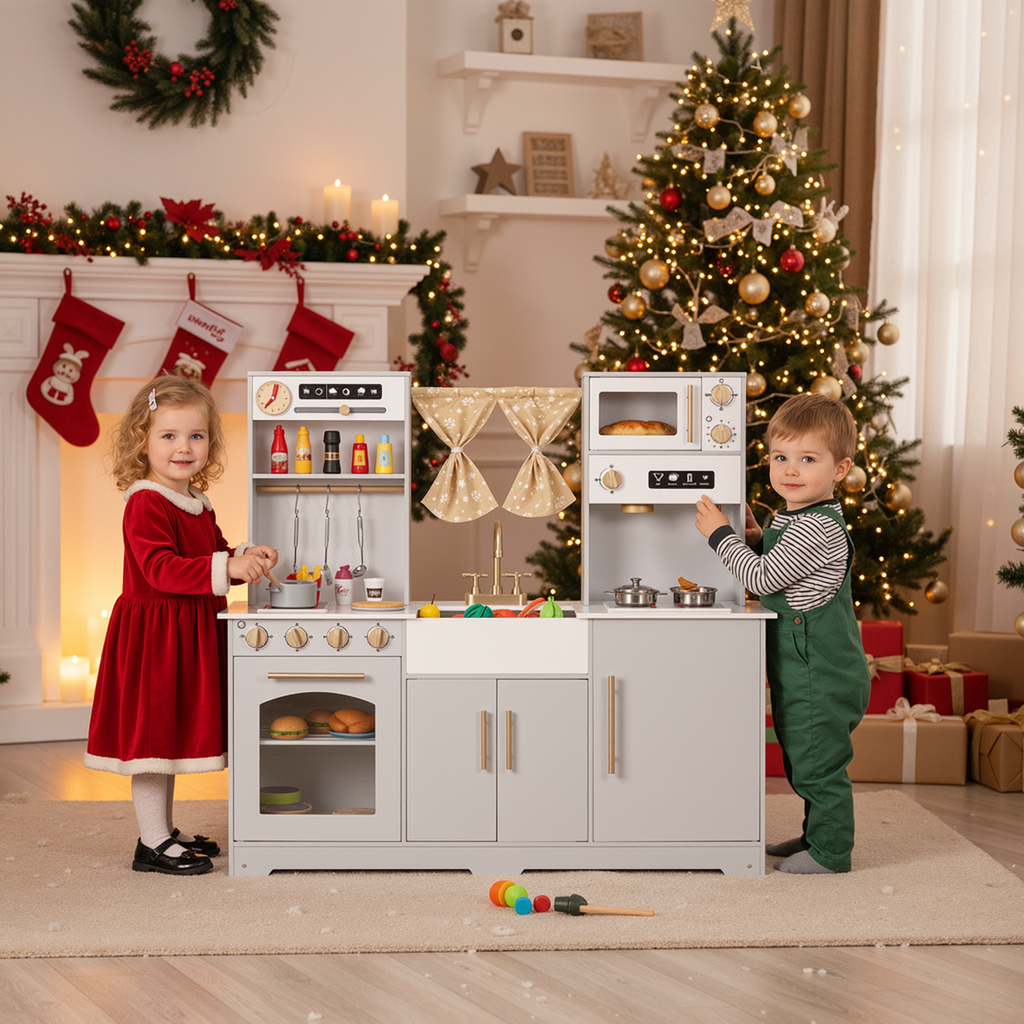 TLSUNNY Kids Play Kitchen with Realistic Lights & Sounds, Wooden Toy Pretend Play Kitchen Set w/ Sink, Faucet, Microwave, Curtain for Ages 3+