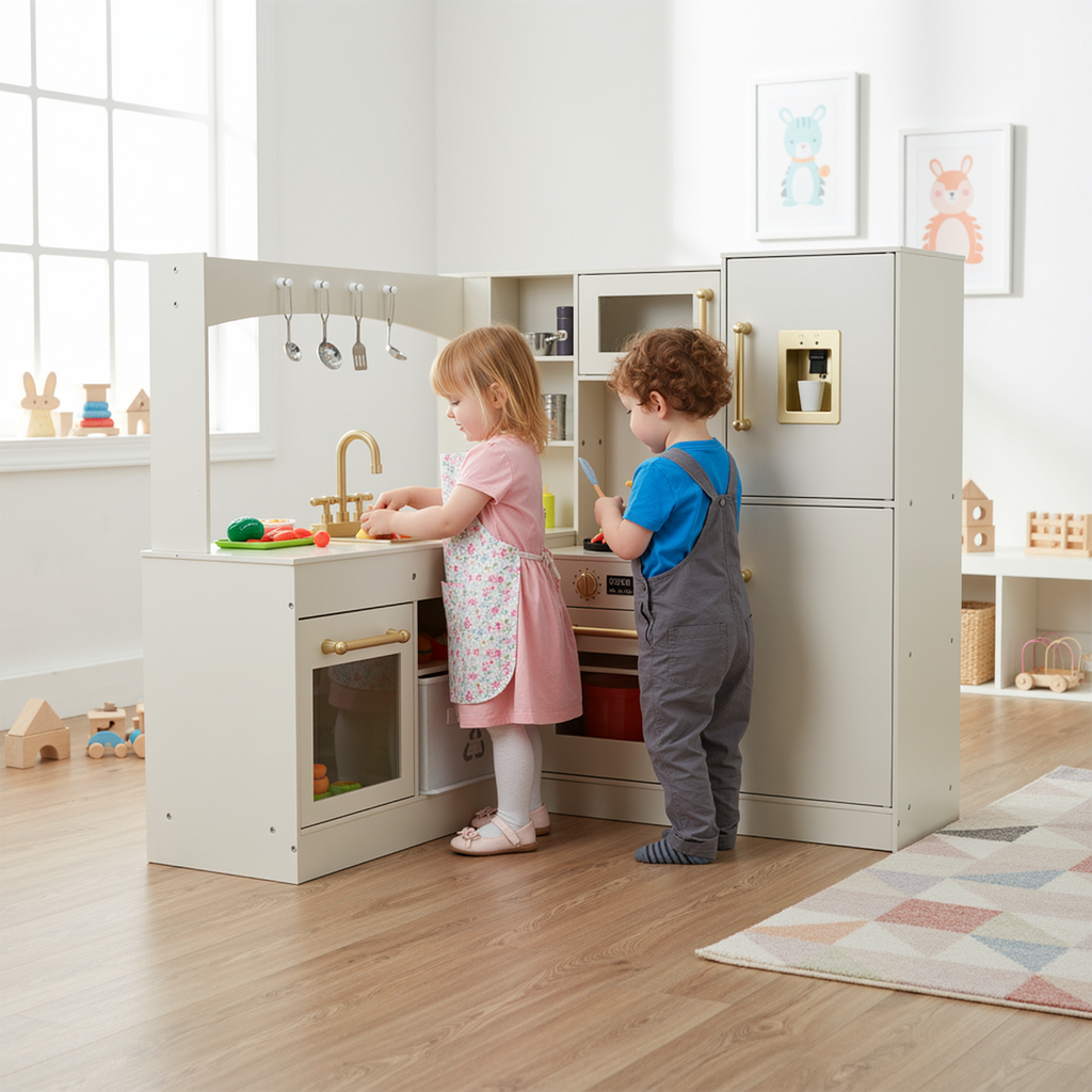 TLSUNNY Corner Play Kitchen with Lights & Sounds, Sink, Fridge, Microwave & Storage, Wooden Toddler Toy for Ages 3+