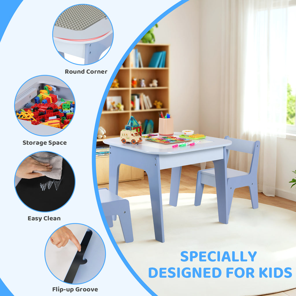 TLSUNNY Kids Table and 2 Chairs Set with Storage, Toddler Activity Table Set, Blackboard, Whiteboard & Building Blocks Tabletop, for Kids Ages 3+