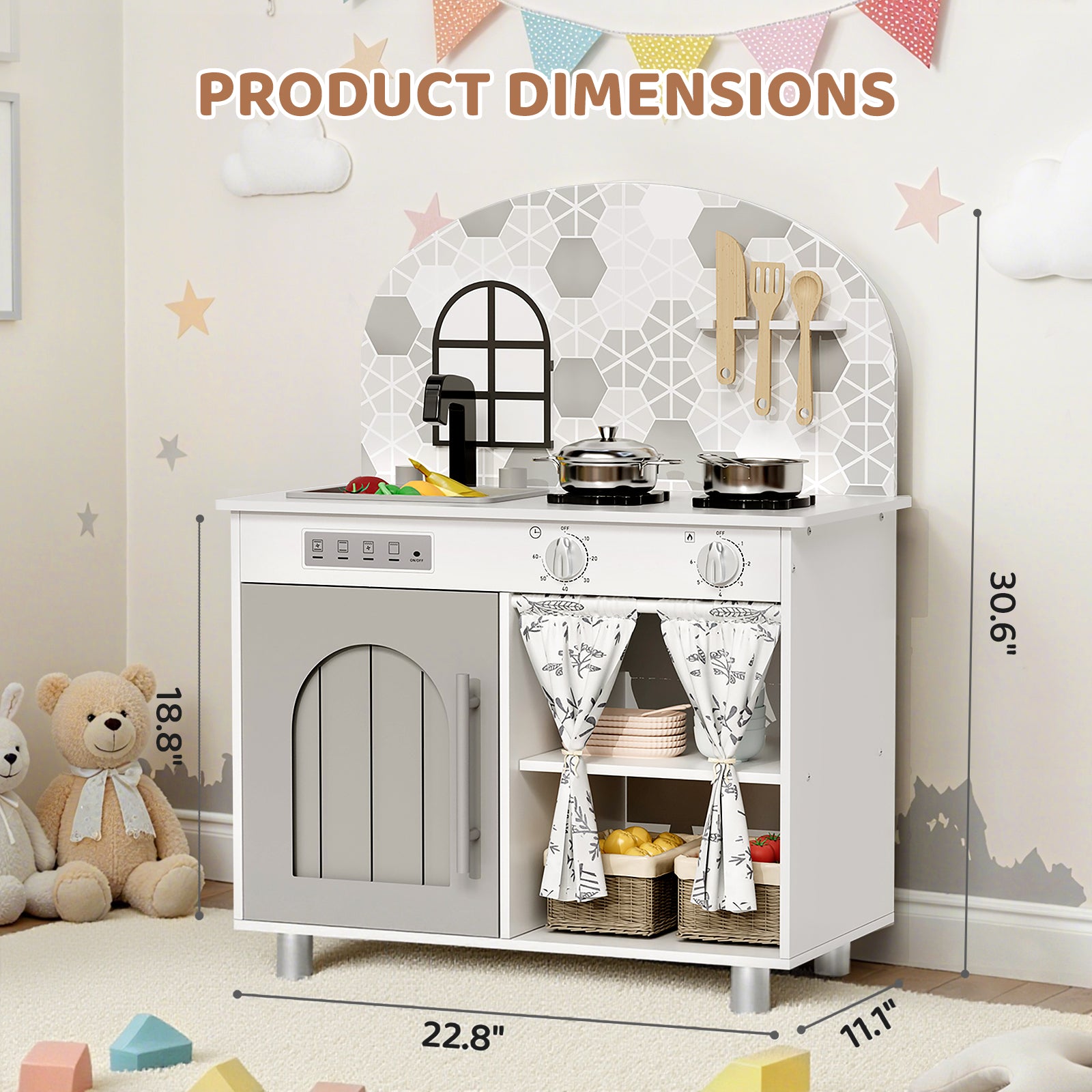 TLSUNNY Kids Play Kitchen, Wooden Kitchen Playset with Sink, Stove, Cooking Accessories, Educational Gift for Ages 3+