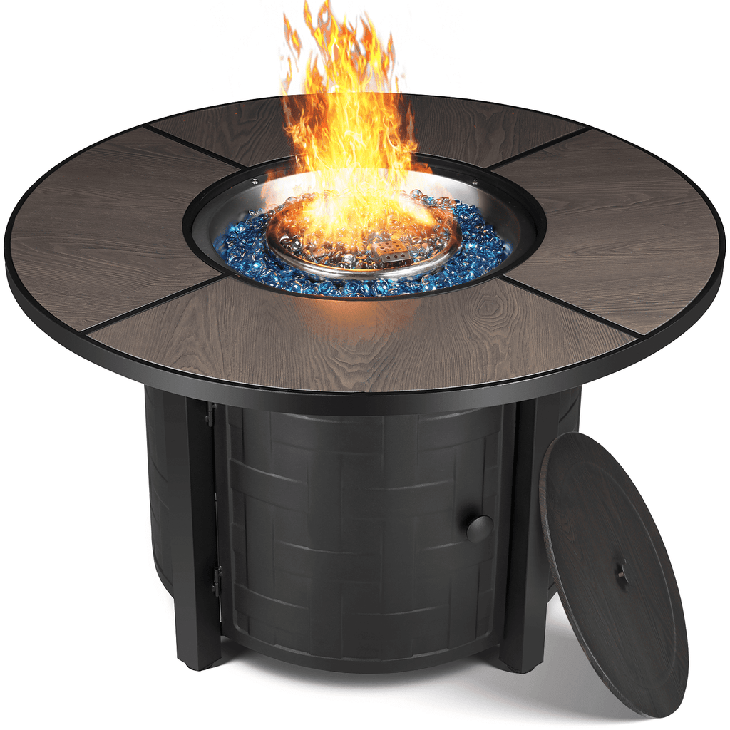 TLSUNNY 42‘’ Round Propane Fire Pit Table, 50,000 BTU Steel Firepit with Metal Lid, Waterproof Cover, Auto-Ignition, for Patio/Backyard
