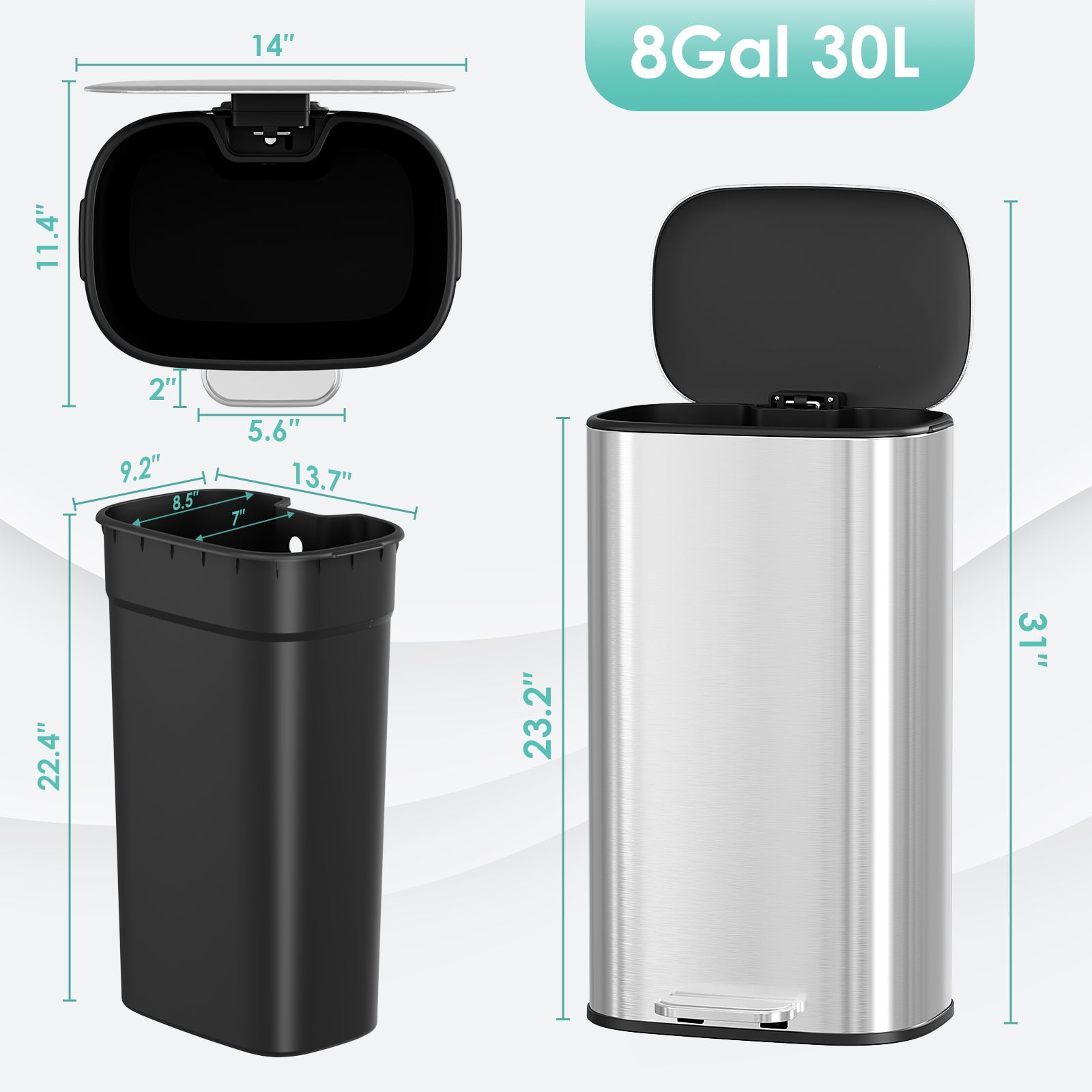 TLSUNNY 30L Step-On Oval Trash Can, 8 Gal Brushed Stainless Steel Garbage Bin with Slow-Close Lid & Handle for Kitchen/Bathroom