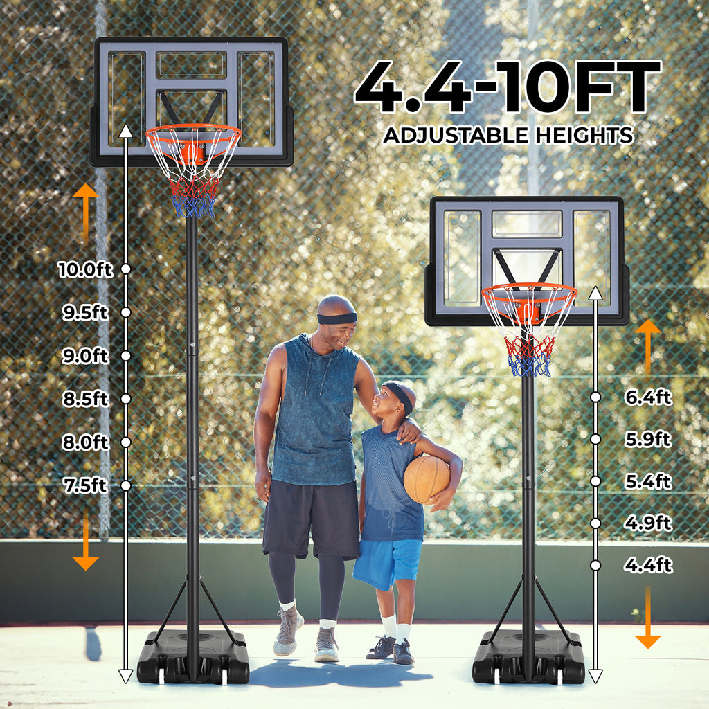 TLSUNNY 4.4-10ft Adjustable Height Portable Basketball Hoop Outdoor, Basketball Goal System w/44in Shatterproof Backboard, 2 Wheels for Kids/Teens/Adults